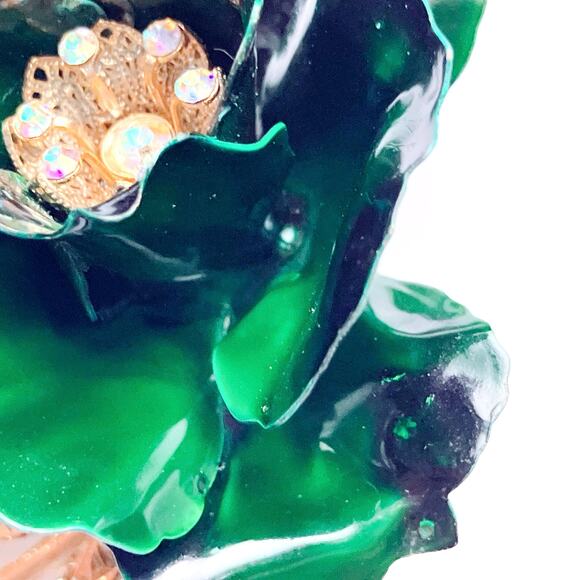 VTG 1960s Brooch Green Enamel Flower AB Rhinestones Gold Tone Mid Century Pin - Picture 7 of 13